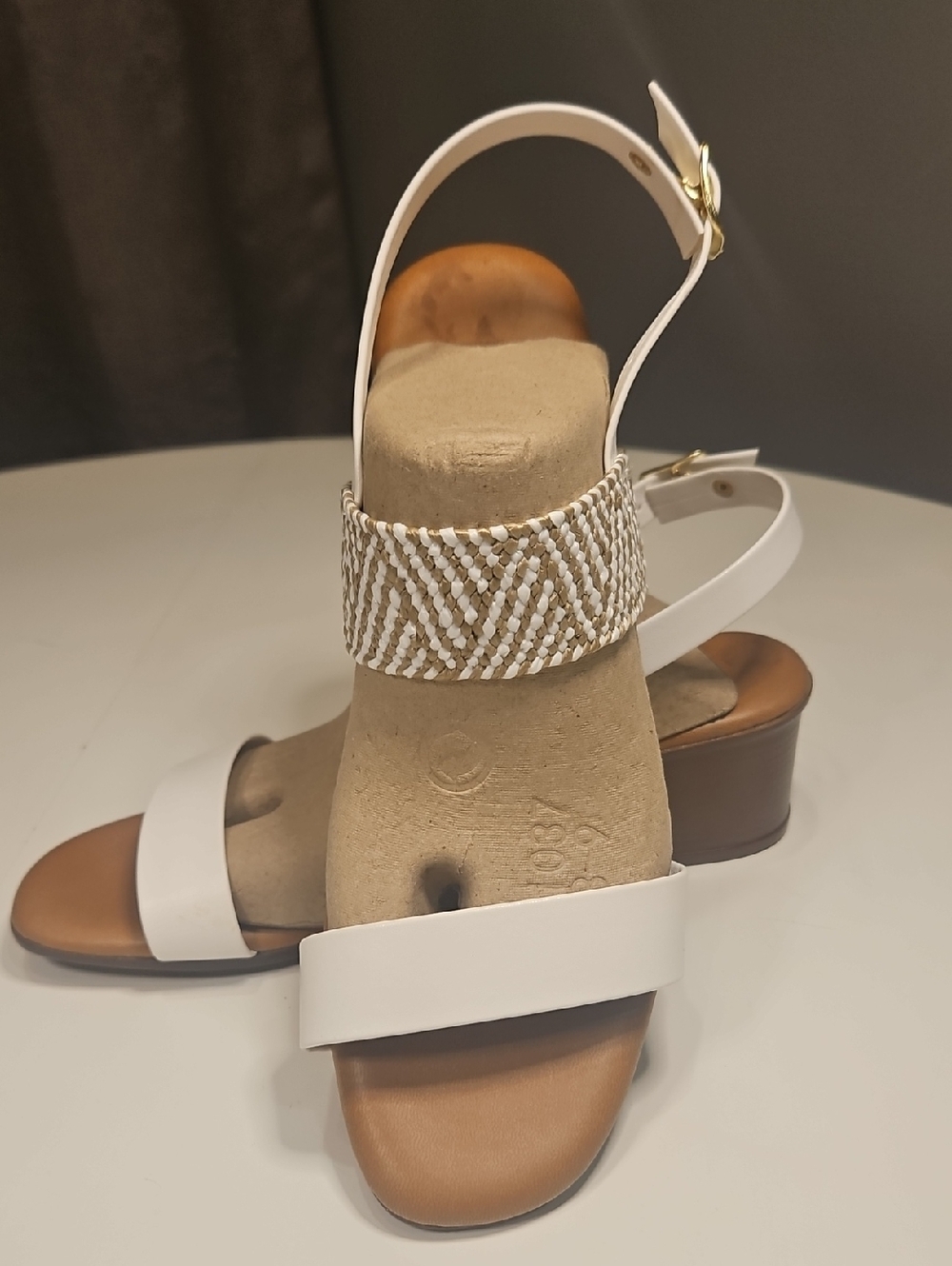 Italian Shoemakers White and Tan Woven Accent Block Heel Sandals